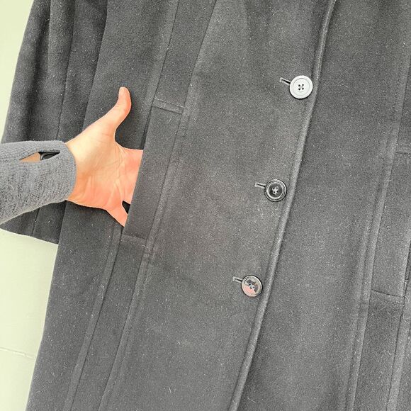 VTG Anne Klein Black Wool Cashmere Full Length Coat 14 A-Line Lined Button Front - Picture 9 of 12